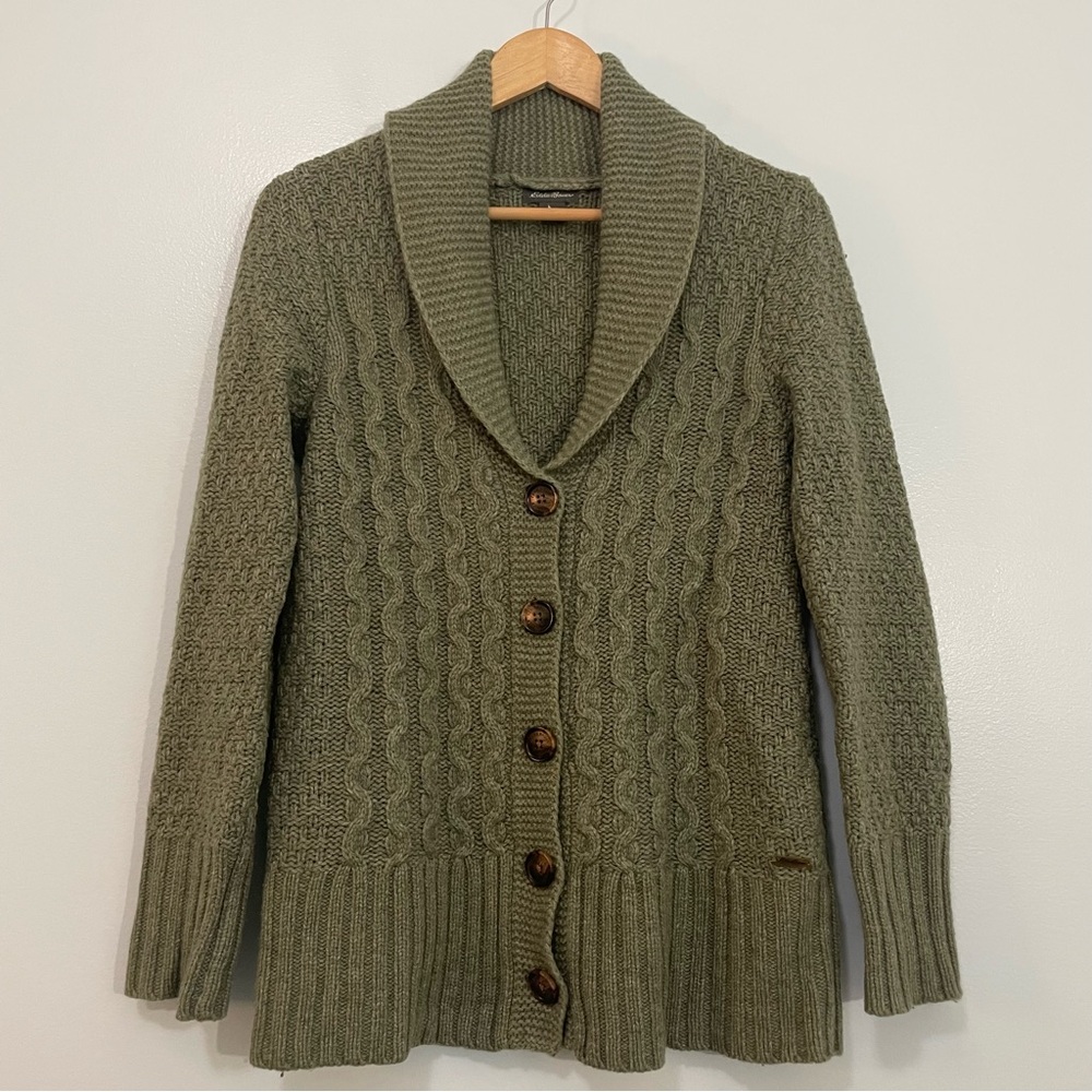 Eddie Bauer Green Lamb's Wool Button Front Shawl Collar Cardigan XS